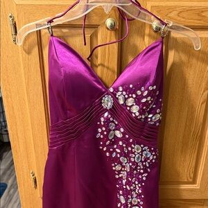 Satin Fuchsia Halter Prom Dress with Crystal Embellishment